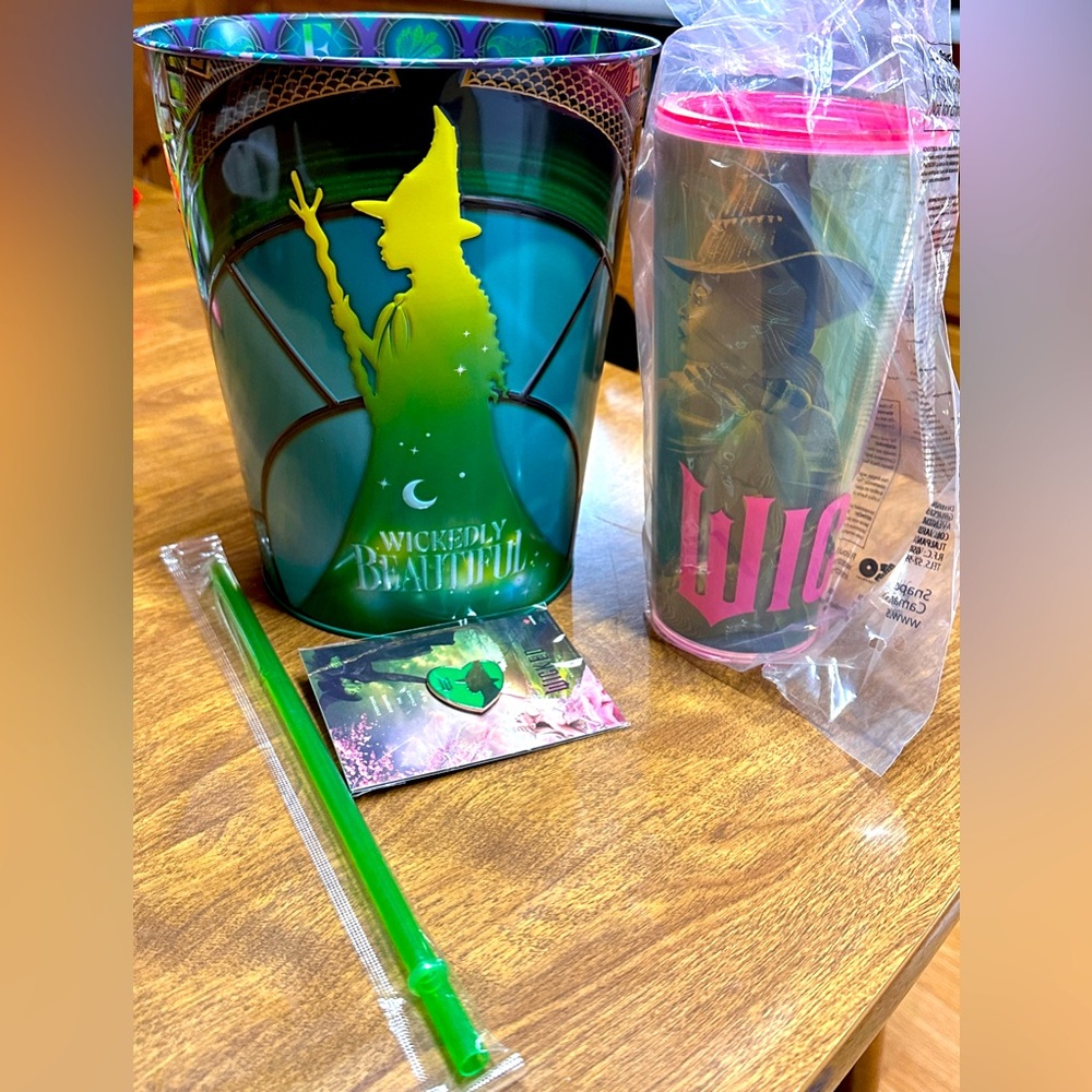 Wicked AMC Popcorn Bucket Tin, Tumbler, and Elphaba Pin. New